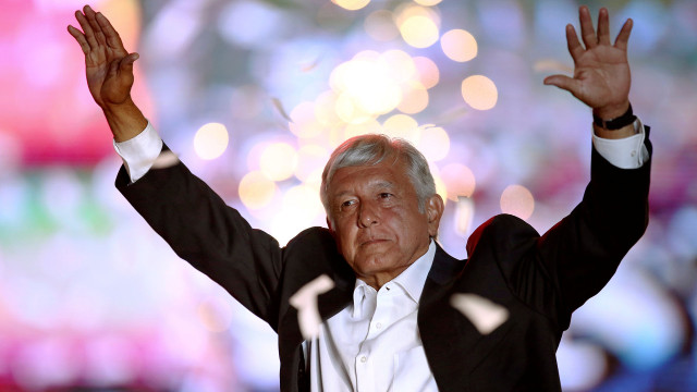 Mexican presidential candidate Andres Manuel Lopez Obrador gestures during his closing campaign rally at the Azteca stadium, in Mexico City